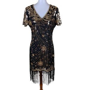 Yessa Black Gold Sequin Fringe Cocktail Party Dress Glam Evening Womens XL